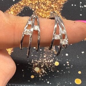 Triple Band Silver Tone Earrings with Moissanite stones